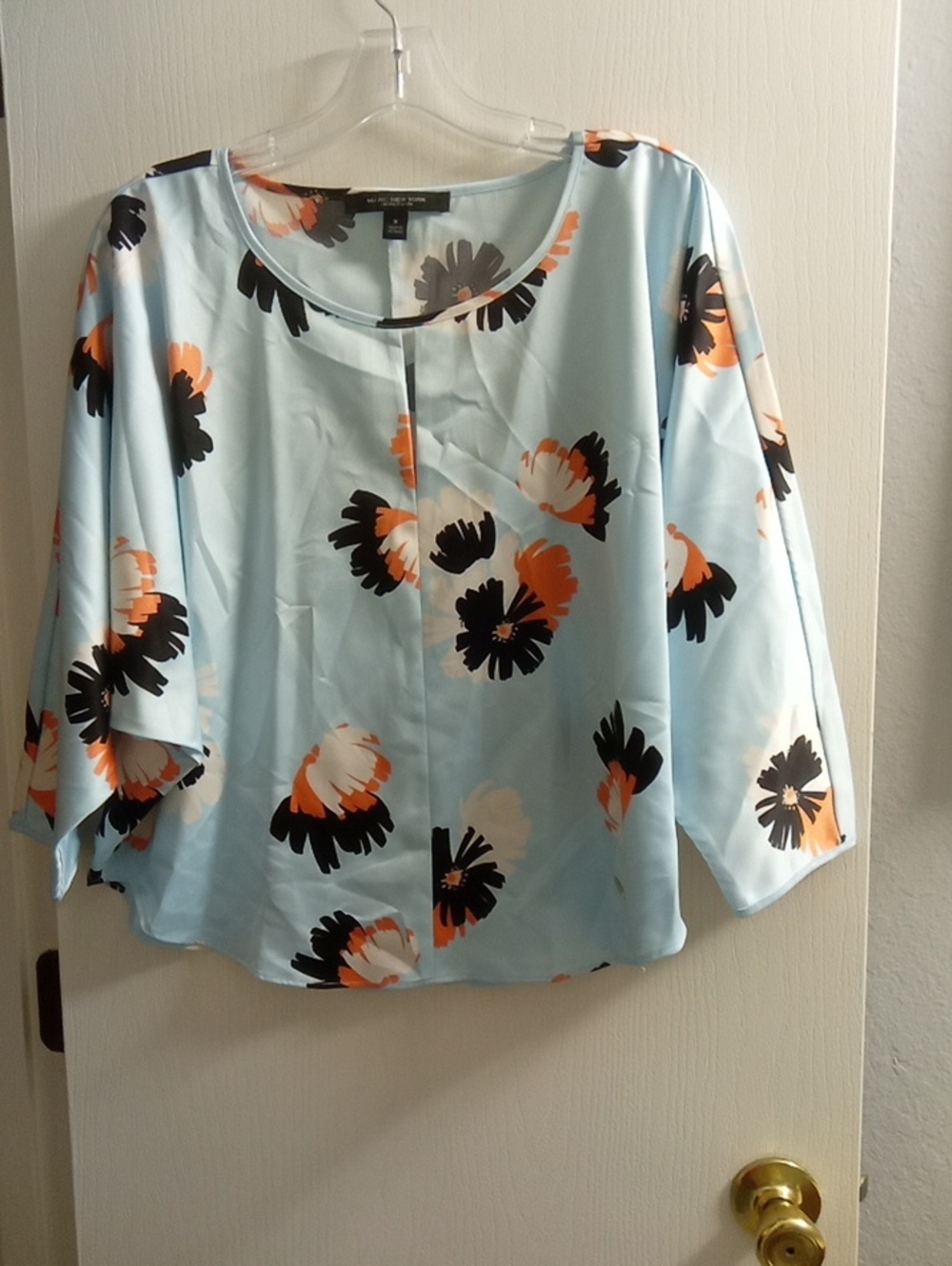 Andrew Marc Light Blue Floral Blouse with Orange & Black Flowers